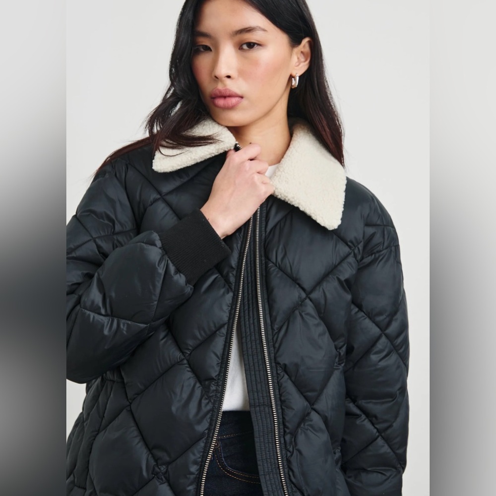 Rails Black Quilted Puffer Jacket with Cream Sherpa Collar